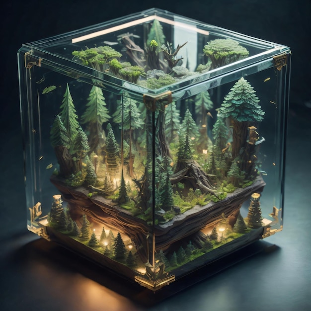 A box with a forest inside of it