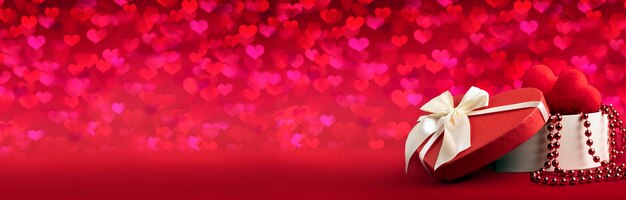Коробка с подарками для празднования дня святого валентина на красном фоне с длинной панорамой в виде сердечек...