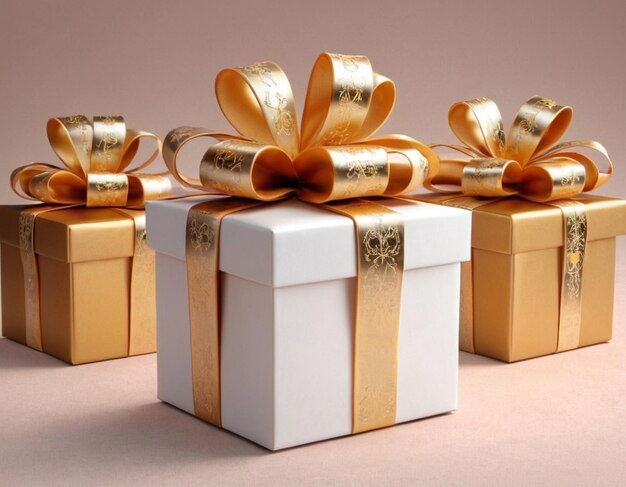 a box with gold ribbon and gold ribbon on it is wrapped in gold ribbon