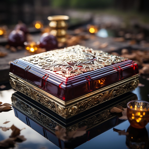 Foto una scatola con rivestimento d'oro si siede su un tavolo con altri oggetti