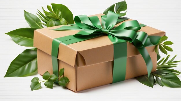 a box with green ribbon on it is wrapped in gold paper