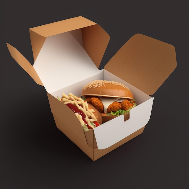 A box with a hamburger and french fries in it