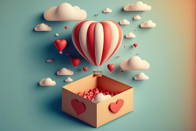 A box with a heart shaped balloon and a heart shaped balloon with the word love on it.