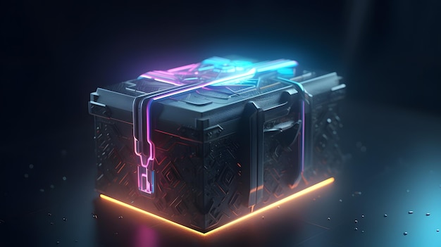 A box with neon lights and a box with the word's on it
