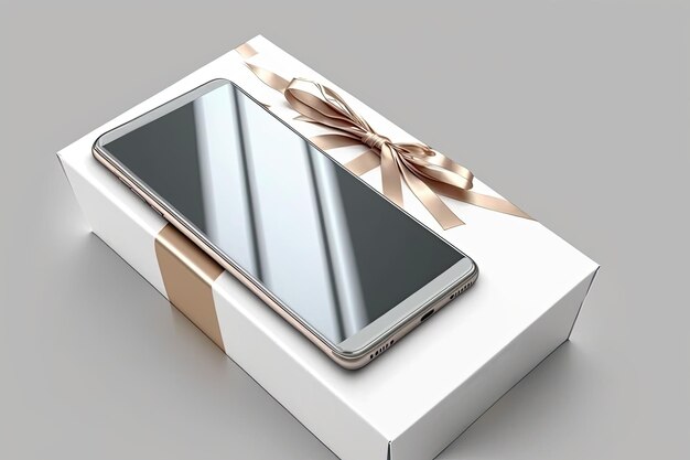 A box with a phone on it and a ribbon tied around it.