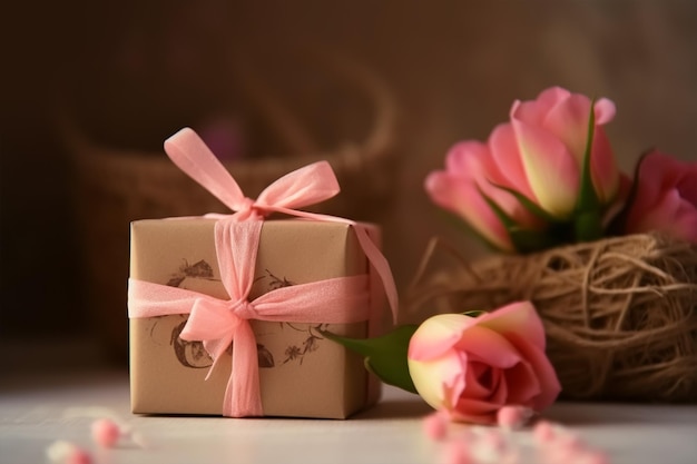 A box with a pink ribbon and a pink bow is next to a pink ribbon that says tulips.