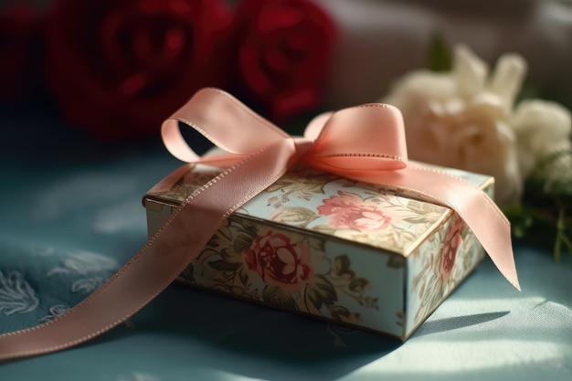 A box with a pink ribbon and a rose on it sits on a blue table.