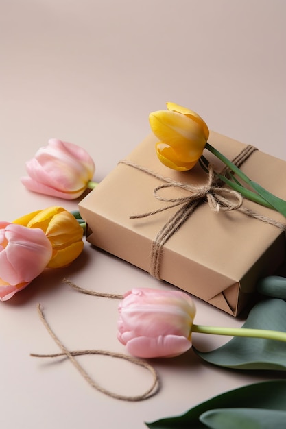 A box with a pink tulips on it and a brown box with a ribbon tied around it.