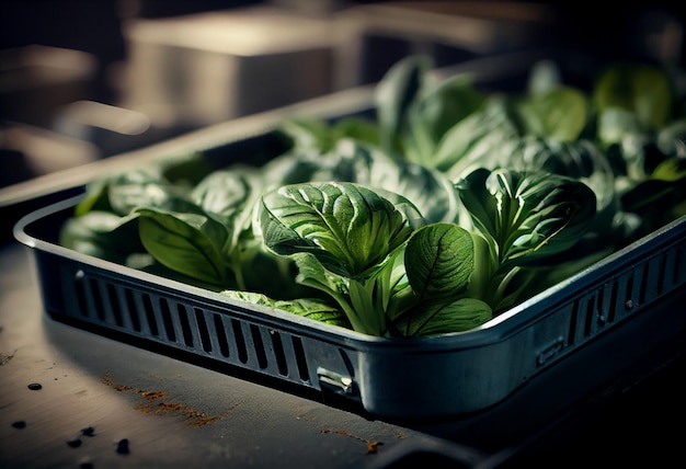 Una scatola con baby pak choy piantato cavolo cinese asiatico homegrown in un giardino in scatola generato dall'intelligenza artificiale