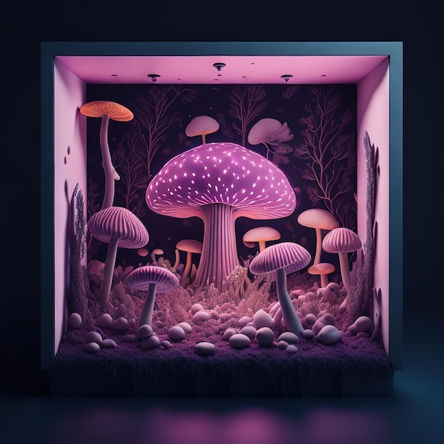 A box with a purple mushroom in it