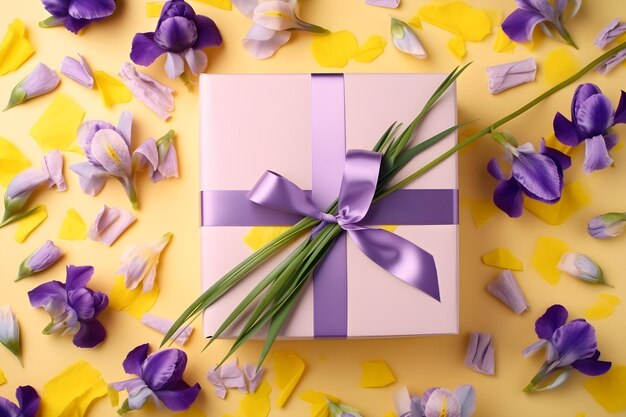 A box with a purple ribbon and a purple bow sits on a yellow background with flowers.