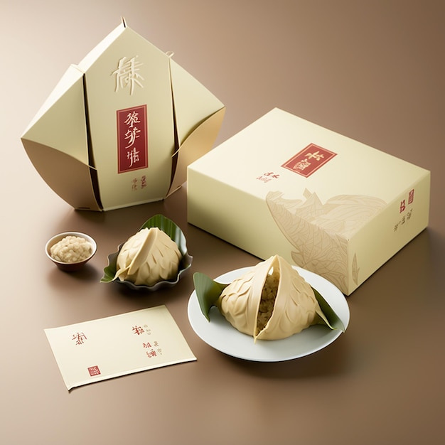 A box with a red chinese writing on it and a plate with food in it.