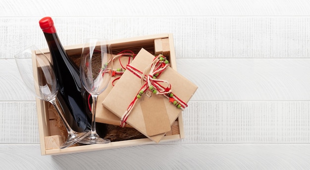 Photo box with red wine and gifts