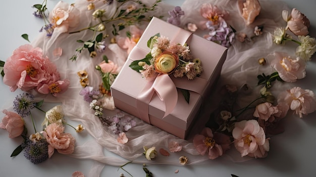 Коробка с ленточным бантом стоит на столе с цветами.