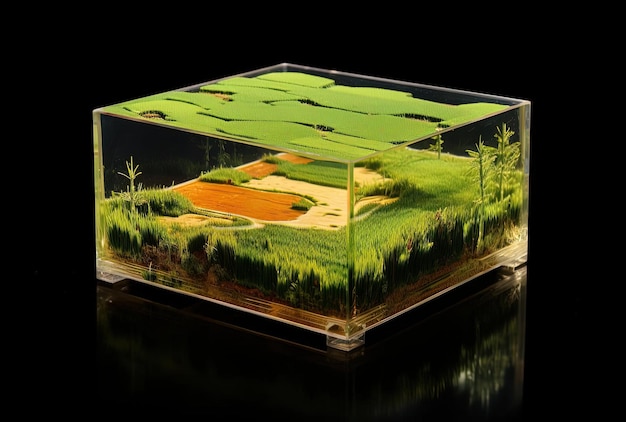 Photo a box with rice fields in it and a picture of a field of grass