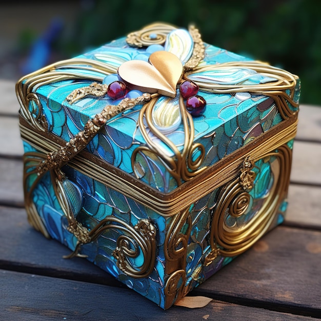 a box with a shell and a gold shell on it