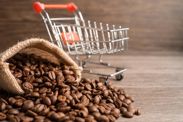 Box with shopping cart on coffee beans, Import Export Shopping online or eCommerce delivery service store product shipping, trade, supplier concept.