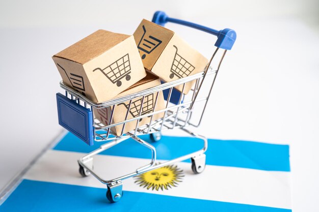 Foto scatola con il logo del carrello della spesa e la bandiera dell'argentina import export shopping online o ecommerce concetto di fornitore di servizi di consegna finanziaria negozio di spedizione del prodotto