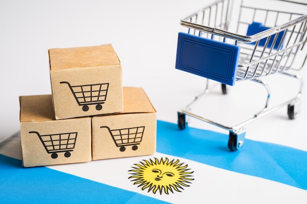 Box with shopping cart logo and argentina flag import export\
shopping online or ecommerce finance delivery service store product\
shipping trade supplier concept