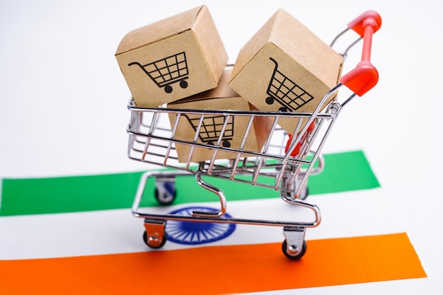 Box with shopping cart logo and India flag