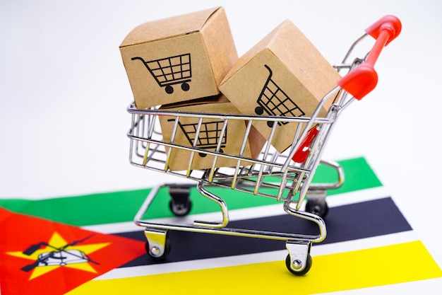 Box with shopping cart logo and Mozambique flag