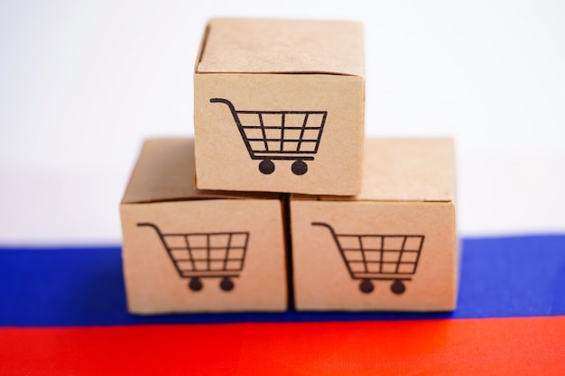 Box with shopping cart logo and Russia flag.