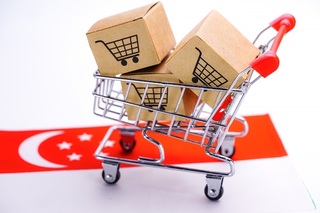 Box with shopping cart logo and Singapore flag.