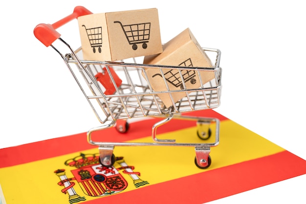 Box with shopping cart logo and Spain flag.