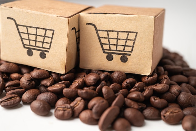 Box with shopping cart logo symbol on coffee beans Import Export Shopping online or eCommerce delivery service store product shipping trade supplier concept