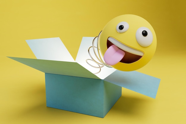 Box with a surprise emoticon flying out on a spring from an open box on a yellow background