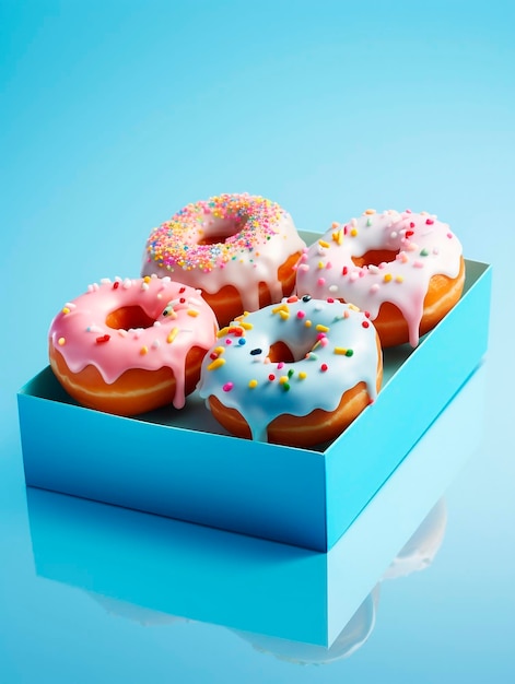 Box with tasty donuts on blue background