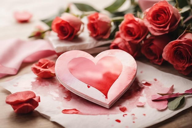 Box with tasty macaroons rose flowers and hearts on white background Valentine's Day celebration