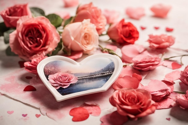 Box with tasty macaroons rose flowers and hearts on white background Valentine's Day celebration