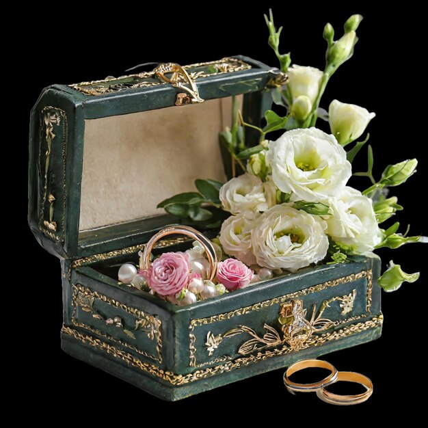 아래 오른쪽 모이에 결혼 반지와 꽃이 있는 상자