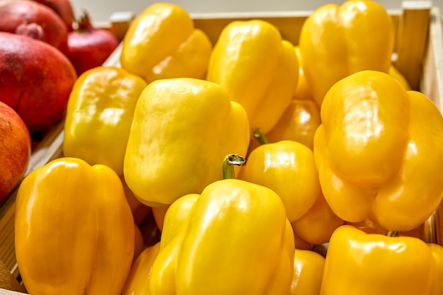 Box with yellow bell pepper. 