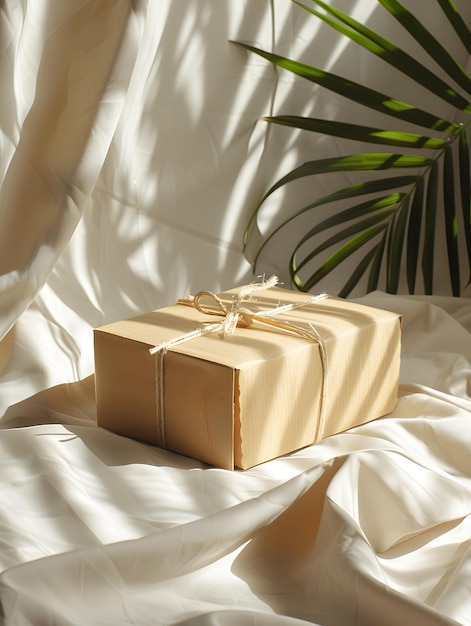 A box wrapped in brown paper sits on a bed next to a palm tree