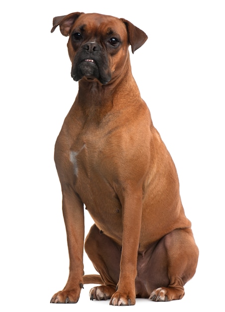 Boxer, 4 years old, sitting in front of white wall