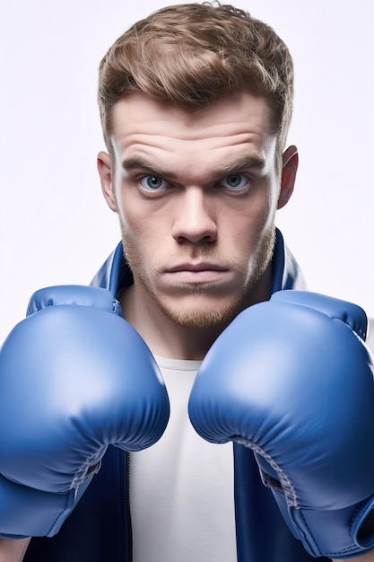 Boxer in blue gloves and white shirt isolated on white background