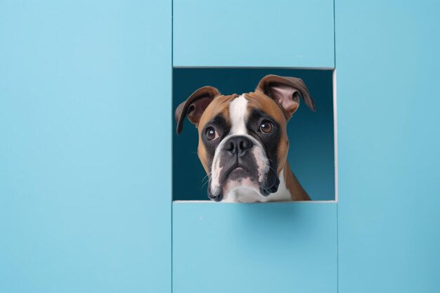 A Boxer breed dog is lookingh through a coloured wall