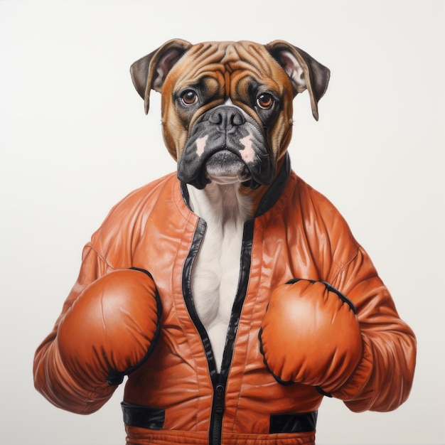 Boxer Bulldog met handschoenen en jas Conceptueel portret