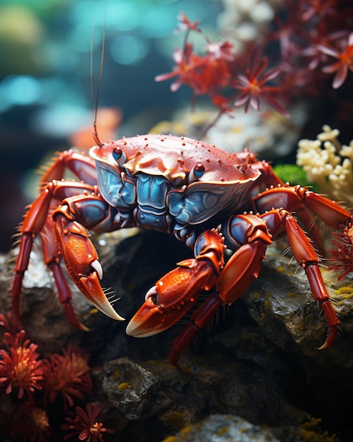 Boxer crab swimming in a coral reef