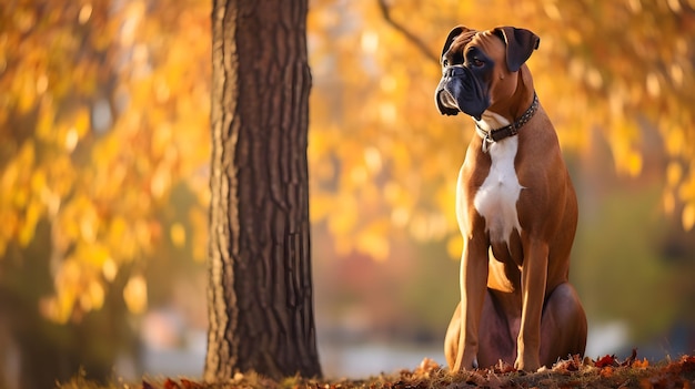 boxer dog in the autumn forest