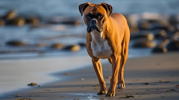 a boxer dog on a beach with the ocean in the background