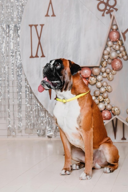 Boxer dog breed sitting in the background of Christmas holidays decorations