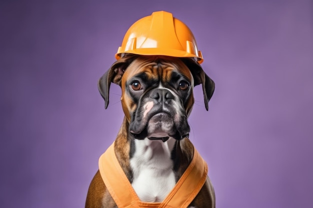 Boxer dog dressed as a builder on lavender color background