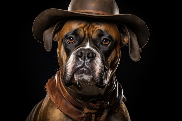 Boxer Dog Dressed As A Cowboy On Black Background