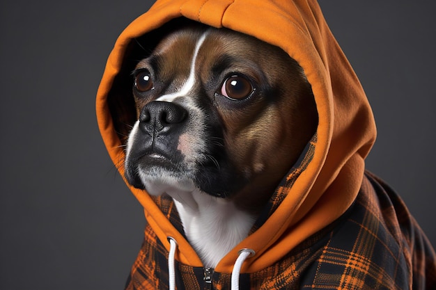 Boxer dog in hoodie Studio shot on grey background