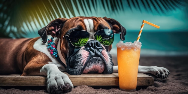 Boxer dog is on summer vacation at seaside resort and relaxing rest on summer beach of Hawaii