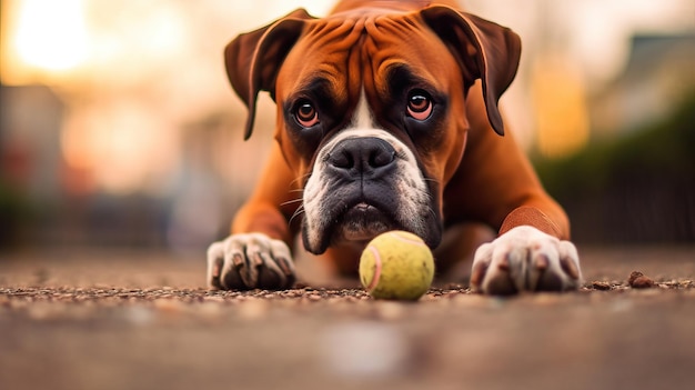 街でボールを遊ぶボクサー犬