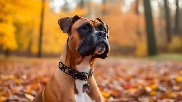 A boxer dog sits in the autumn leaves